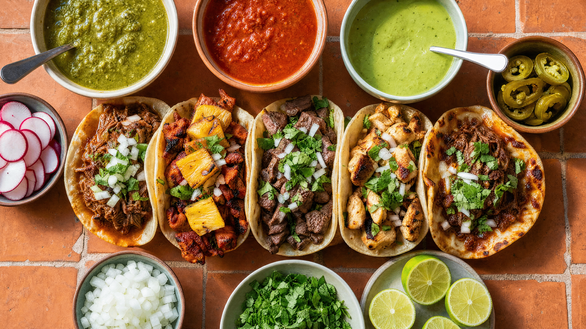 Overhead spread of tacos with salsa, radishes, onion, cilantro, and lime