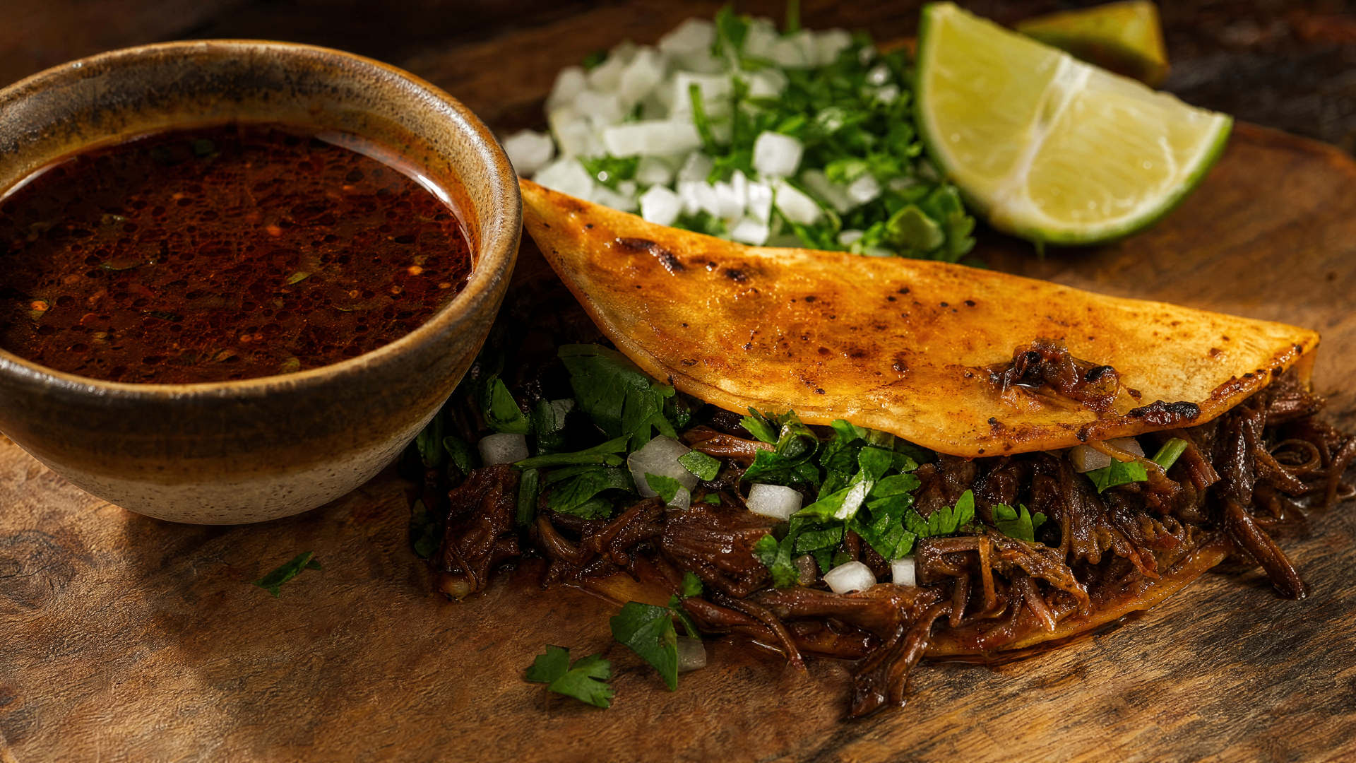 Crispy birria taco served with a bowl of consomé