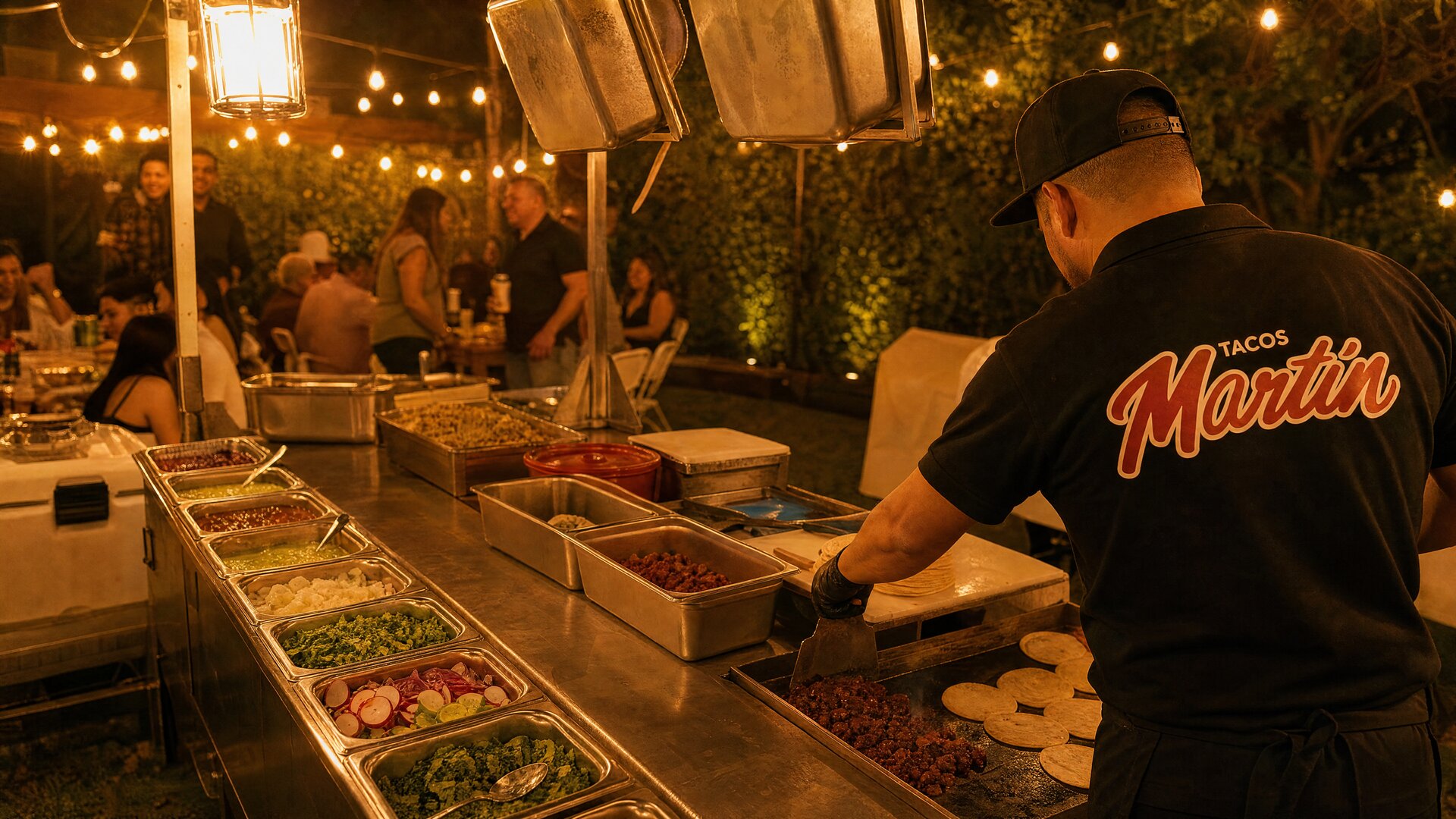 Tacos Martin catering station serving guests under string lights